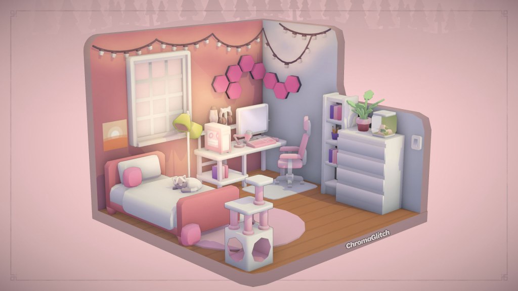 A pink and white cozy gamer room built in MakeRoom.
