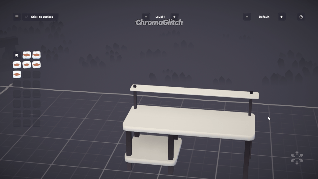 The 3D model of a desk being made in the furniture creator tool in the MakeRoom video game.