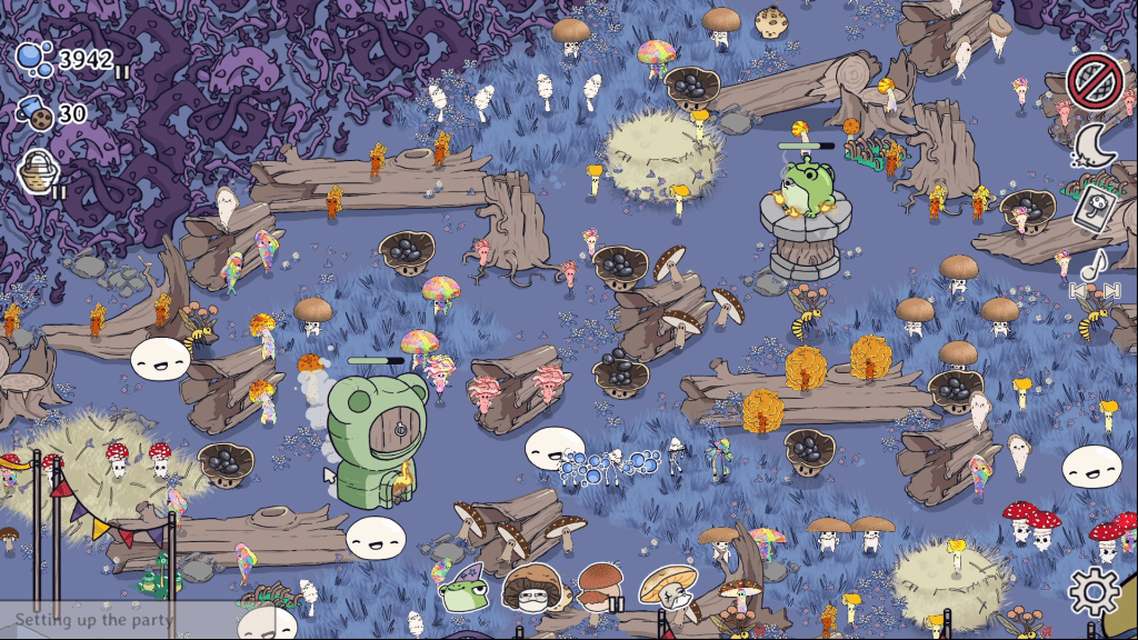 Screenshot of a large cartoon mushroom colony having a dance party form the video game Boogie Fungi.