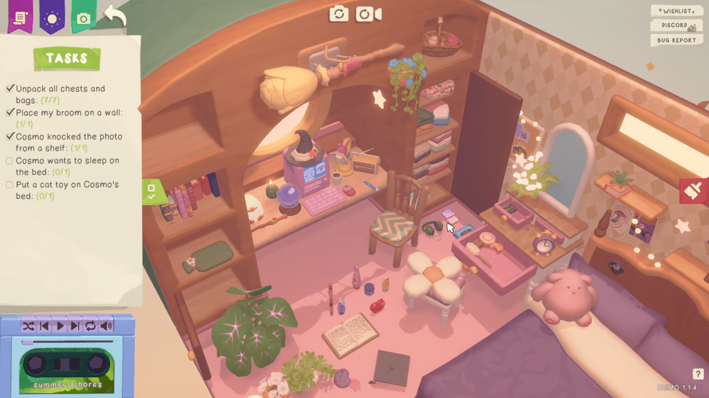 Screenshot of a cluttered witchy room in the Design and Conjure video game.