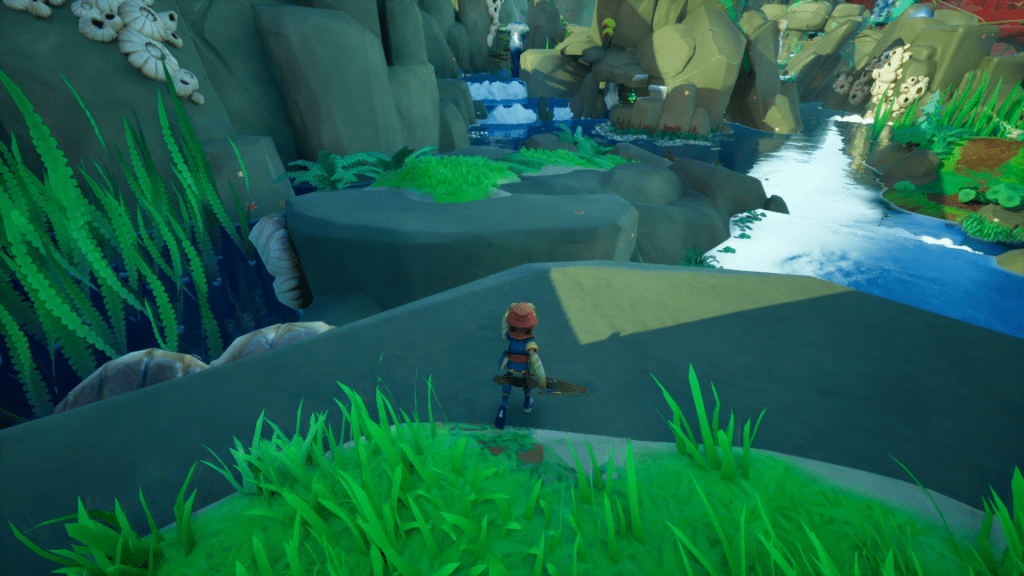Screenshot of a frog character looking at a canyon.