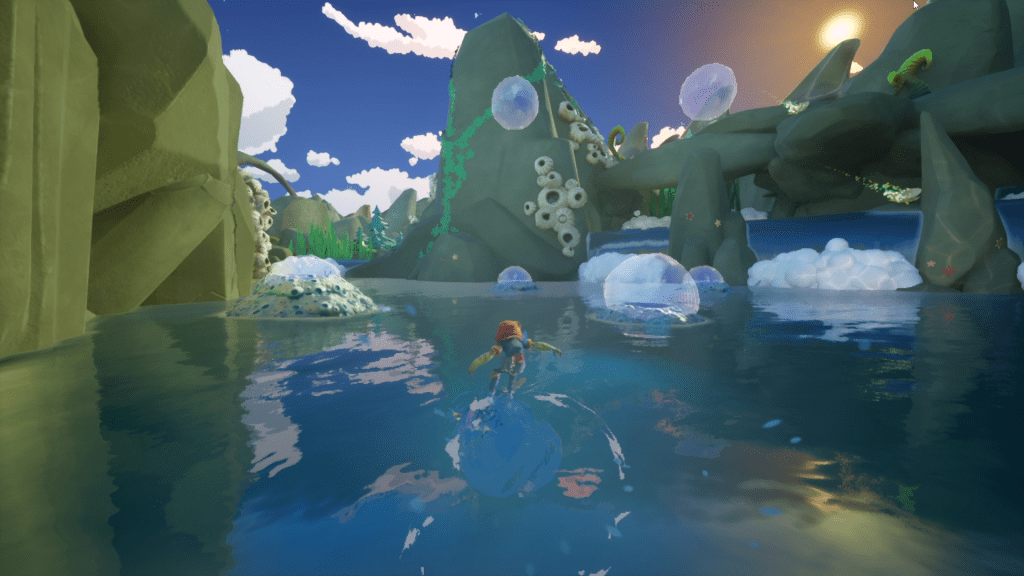 Screenshot of a frog character sliding across water towards bubbles.