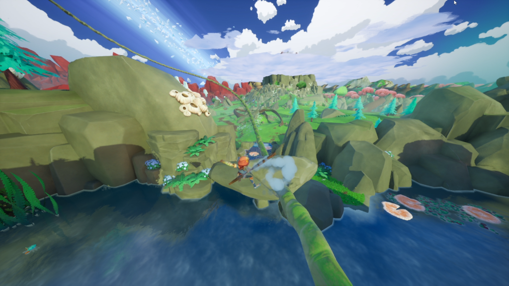 Screenshot of a frog character on a surf staff sliding along a vine.