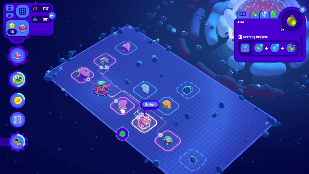 Screenshot of several asteroids on a a grid connected by lines.