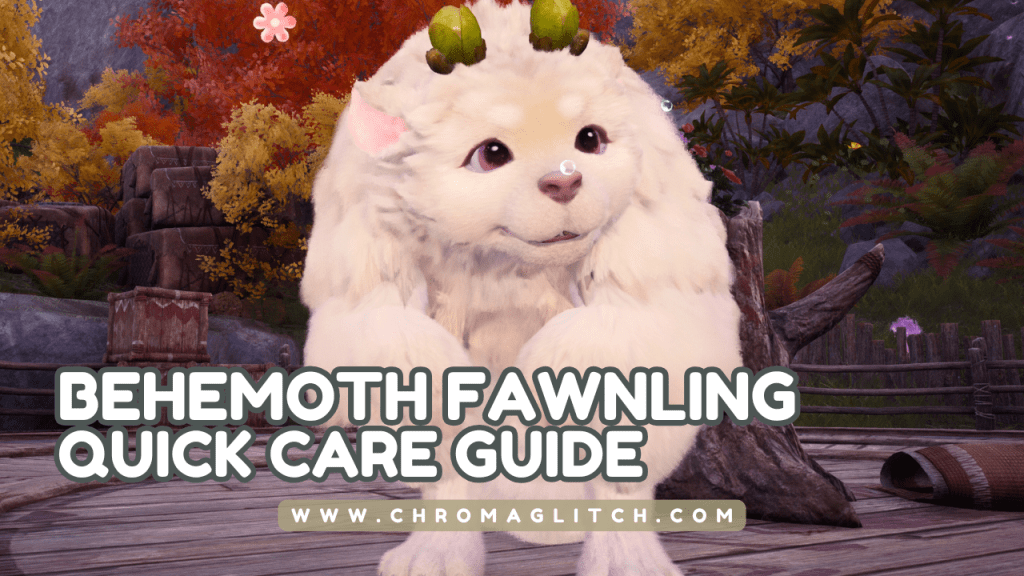 A baby behemoth in Infinity Nikki with the text "Behemoth fawnling quick care guide" and "chromaglitch.com."