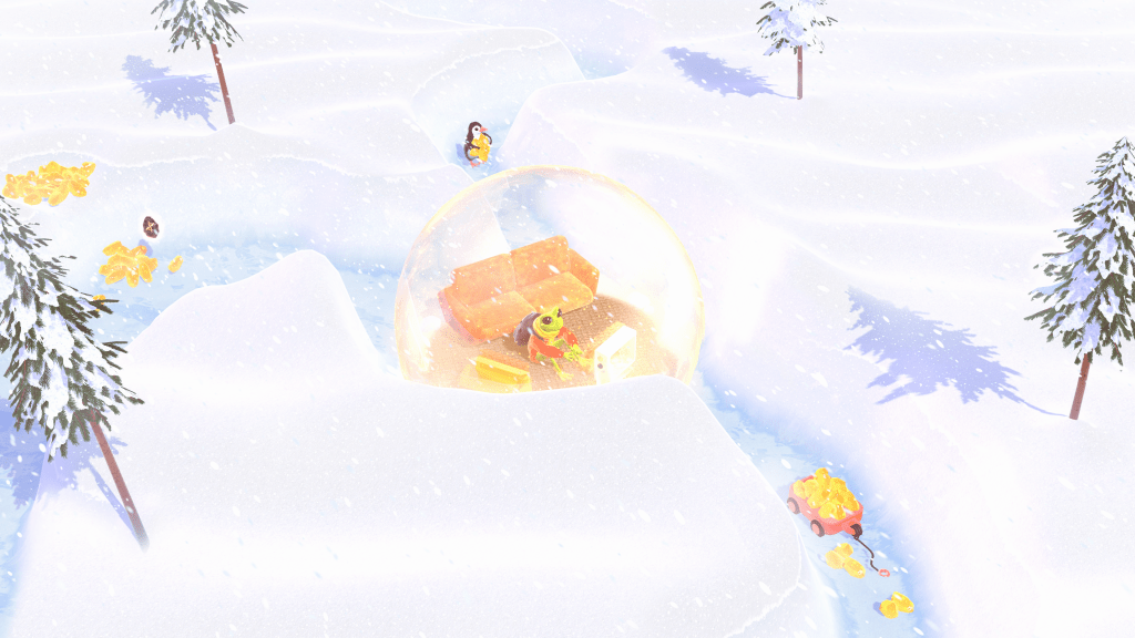 A screenshot showing a Frog sitting in a bubble with penguins carrying resources to the bubble.