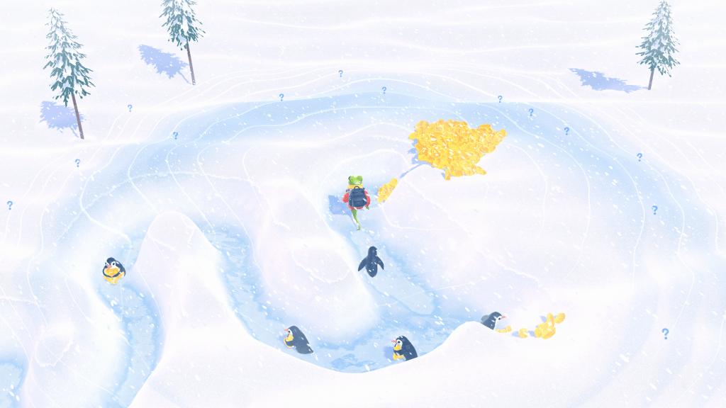A screenshot showing a frog and penguins digging through snow to reach crystals.